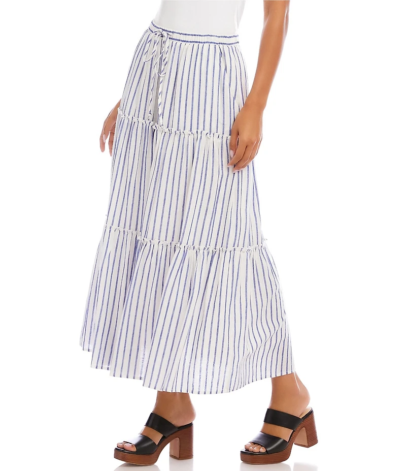 Karen Kane Coordinating Striped Linen Blend Adjustable Drawstring A-Line Midi Skirt