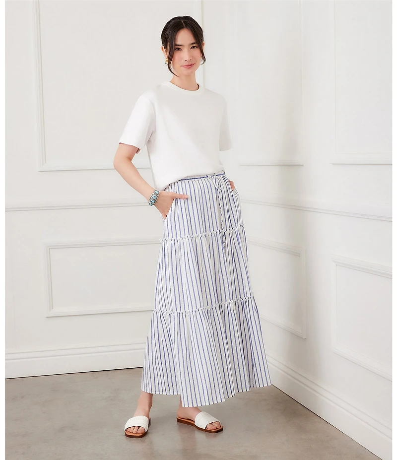 Karen Kane Coordinating Striped Linen Blend Adjustable Drawstring A-Line Midi Skirt