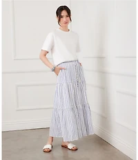 Karen Kane Coordinating Striped Linen Blend Adjustable Drawstring A-Line Midi Skirt