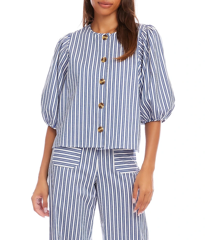 Karen Kane Coordinating Yarn-Dye Stripe Crew Neck Puff Sleeve Button Front Shirt