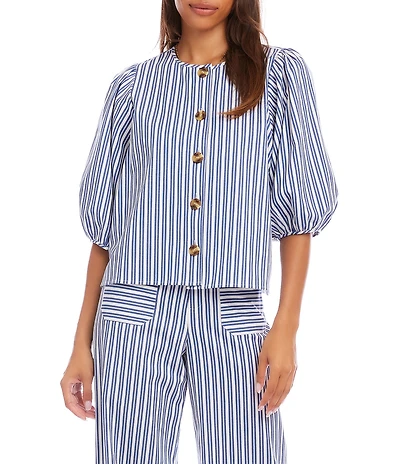 Karen Kane Coordinating Yarn-Dye Stripe Scoop Neck Short Puff Sleeve Button Front Shirt
