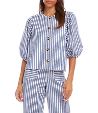 Karen Kane Coordinating Yarn-Dye Stripe Crew Neck Puff Sleeve Button Front Shirt