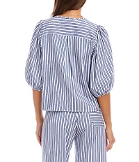Karen Kane Coordinating Yarn-Dye Stripe Crew Neck Puff Sleeve Button Front Shirt