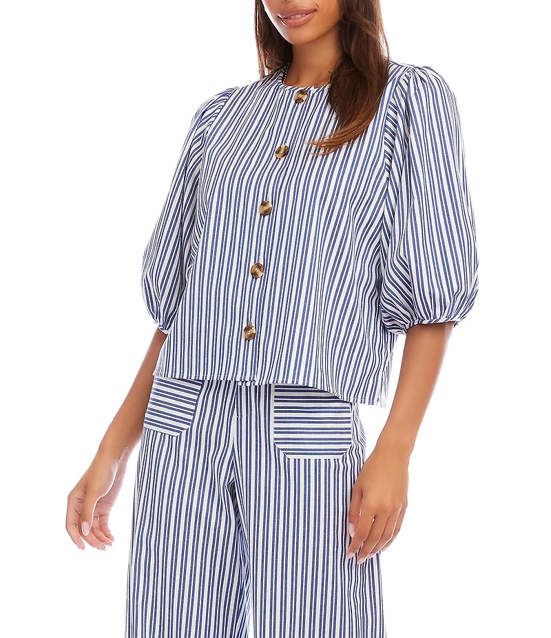 Karen Kane Coordinating Yarn-Dye Stripe Crew Neck Puff Sleeve Button Front Shirt