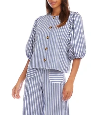 Karen Kane Coordinating Yarn-Dye Stripe Crew Neck Puff Sleeve Button Front Shirt