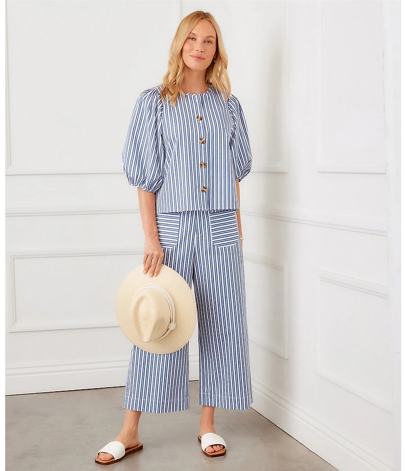 Karen Kane Coordinating Yarn-Dye Stripe Crew Neck Puff Sleeve Button Front Shirt