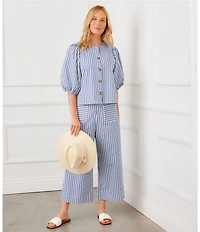 Karen Kane Coordinating Yarn-Dye Stripe Crew Neck Puff Sleeve Button Front Shirt