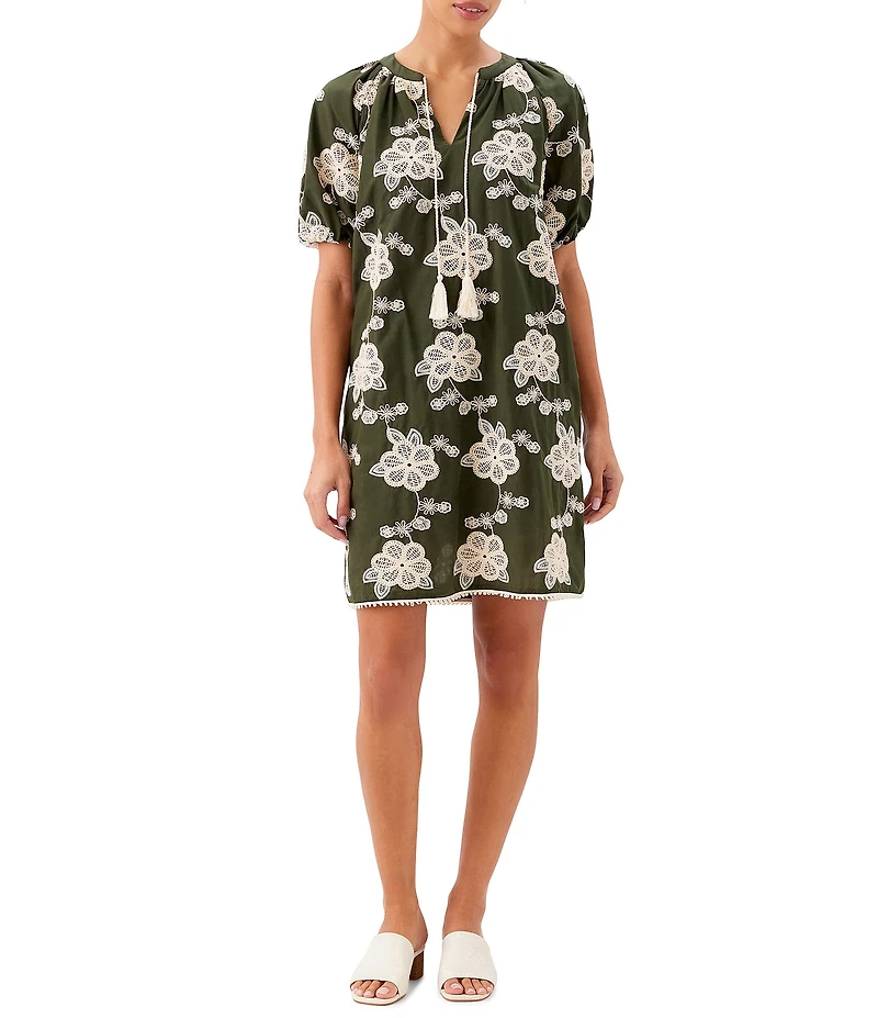 Karen Kane Cotton Bohemian-Inspired Tassel Tie Split V-Neck Short Puff Sleeve Shift Dress