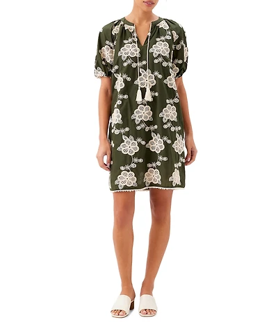 Karen Kane Cotton Bohemian-Inspired Tassel Tie Split V-Neck Short Puff Sleeve Shift Dress