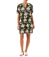 Karen Kane Cotton Bohemian-Inspired Tassel Tie Split V-Neck Short Puff Sleeve Shift Dress