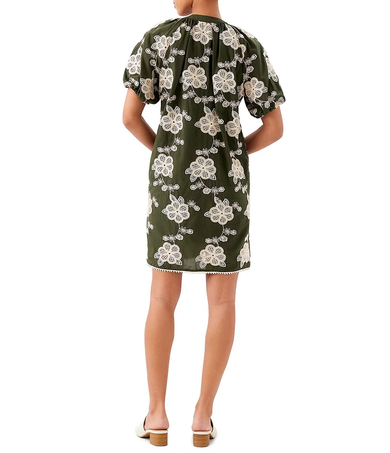 Karen Kane Cotton Bohemian-Inspired Tassel Tie Split V-Neck Short Puff Sleeve Shift Dress