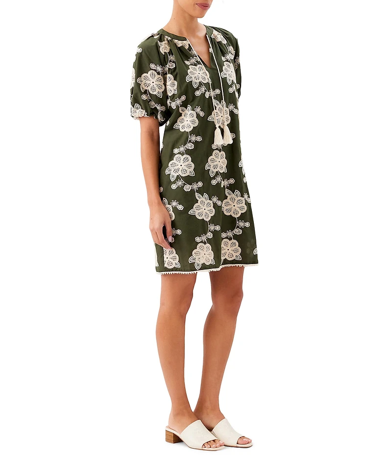 Karen Kane Cotton Bohemian-Inspired Tassel Tie Split V-Neck Short Puff Sleeve Shift Dress