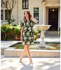 Karen Kane Cotton Bohemian-Inspired Tassel Tie Split V-Neck Short Puff Sleeve Shift Dress