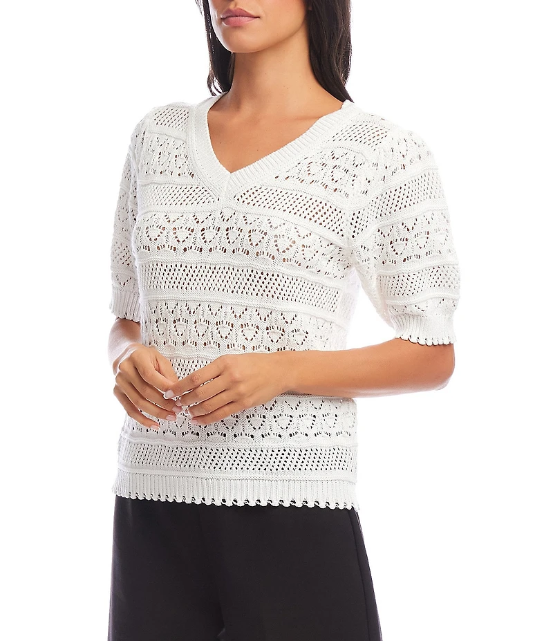 Karen Kane Cotton Crochet V-Neck Puff Sleeve Unlined Top