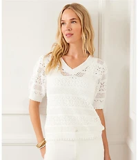 Karen Kane Cotton Crochet V-Neck Puff Sleeve Unlined Top