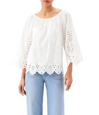 Karen Kane Cotton Cut Out Embroidered Scoop Neck 3/4 Flare Sleeve Peasant Top
