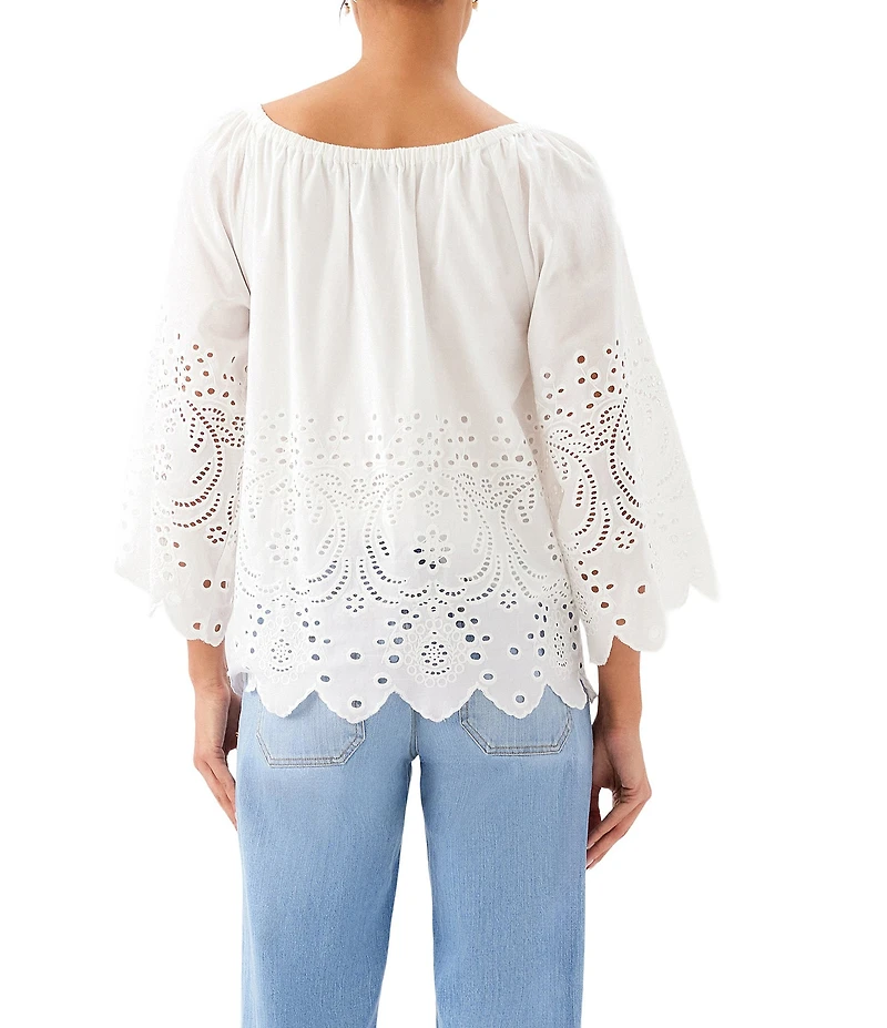 Karen Kane Cotton Cut Out Embroidered Scoop Neck 3/4 Flare Sleeve Peasant Top