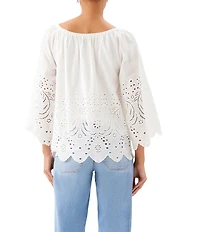 Karen Kane Cotton Cut Out Embroidered Scoop Neck 3/4 Flare Sleeve Peasant Top