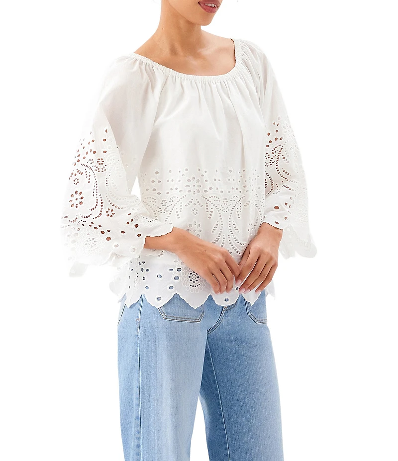 Karen Kane Cotton Cut Out Embroidered Scoop Neck 3/4 Flare Sleeve Peasant Top