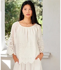 Karen Kane Cotton Cut Out Embroidered Scoop Neck 3/4 Flare Sleeve Peasant Top
