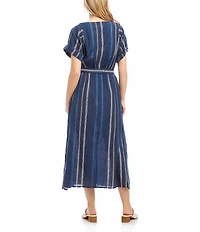 Karen Kane Cotton Embroidered Cuffed Sleeve Faux Wrap Midi Dress