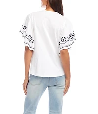 Karen Kane Organic Cotton Embroidered Flutter Sleeve Top