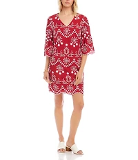 Karen Kane Cotton Eyelet Embroidered V-Neck Flared Sleeve Scalloped Hem Dress