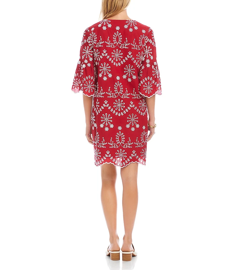 Karen Kane Cotton Eyelet Embroidered V-Neck Flared Sleeve Scalloped Hem Dress