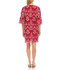 Karen Kane Cotton Eyelet Embroidered V-Neck Flared Sleeve Scalloped Hem Dress
