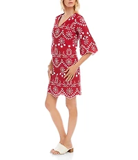 Karen Kane Cotton Eyelet Embroidered V-Neck Flared Sleeve Scalloped Hem Dress