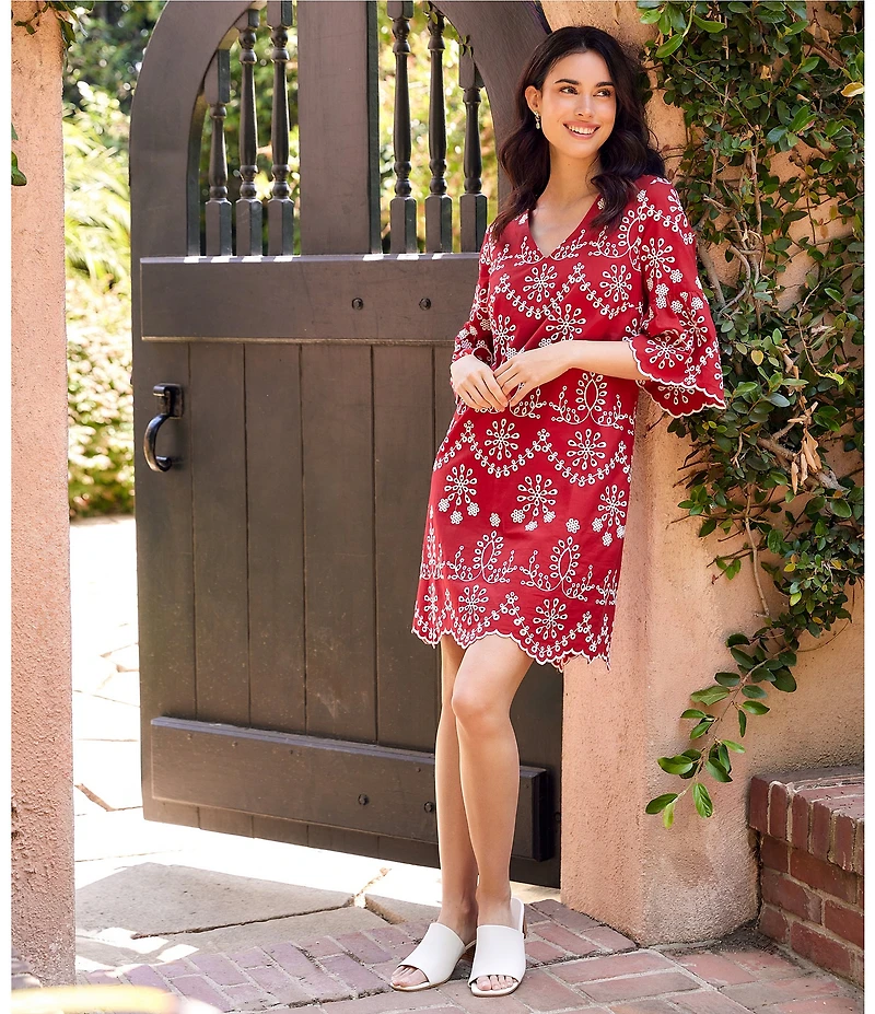 Karen Kane Cotton Eyelet Embroidered V-Neck Flared Sleeve Scalloped Hem Dress