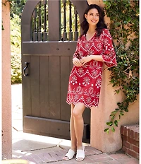 Karen Kane Cotton Eyelet Embroidered V-Neck Flared Sleeve Scalloped Hem Dress