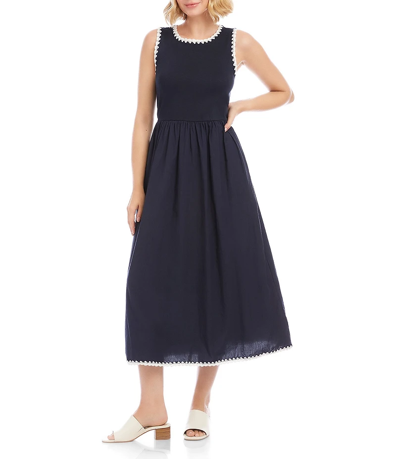 Karen Kane Cotton Knit Interlock Contrast Edge Stitch Scoop Neck Sleeveless A-Line Midi Dress