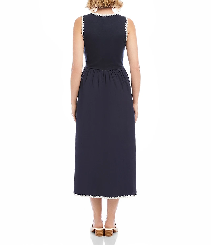 Karen Kane Cotton Knit Interlock Contrast Edge Stitch Scoop Neck Sleeveless A-Line Midi Dress