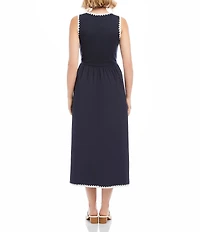 Karen Kane Cotton Knit Interlock Contrast Edge Stitch Scoop Neck Sleeveless A-Line Midi Dress