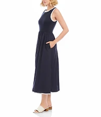 Karen Kane Cotton Knit Interlock Contrast Edge Stitch Scoop Neck Sleeveless A-Line Midi Dress