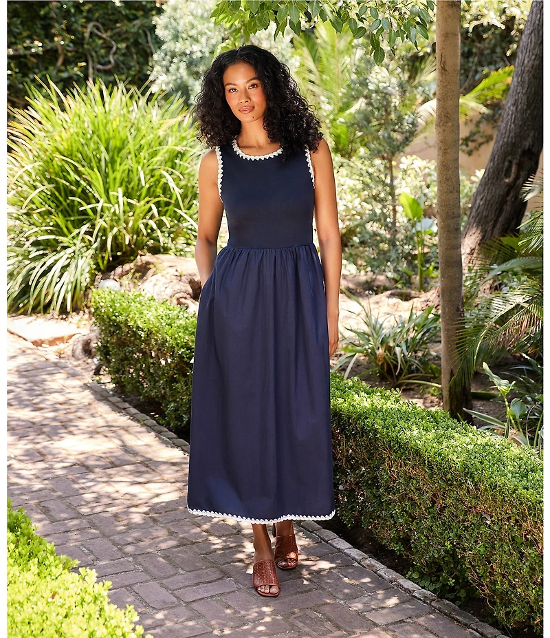Karen Kane Cotton Knit Interlock Contrast Edge Stitch Scoop Neck Sleeveless A-Line Midi Dress