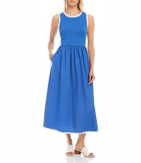 Karen Kane Cotton Knit Interlock Contrast Edge Stitch Scoop Neck Sleeveless A-Line Midi Dress