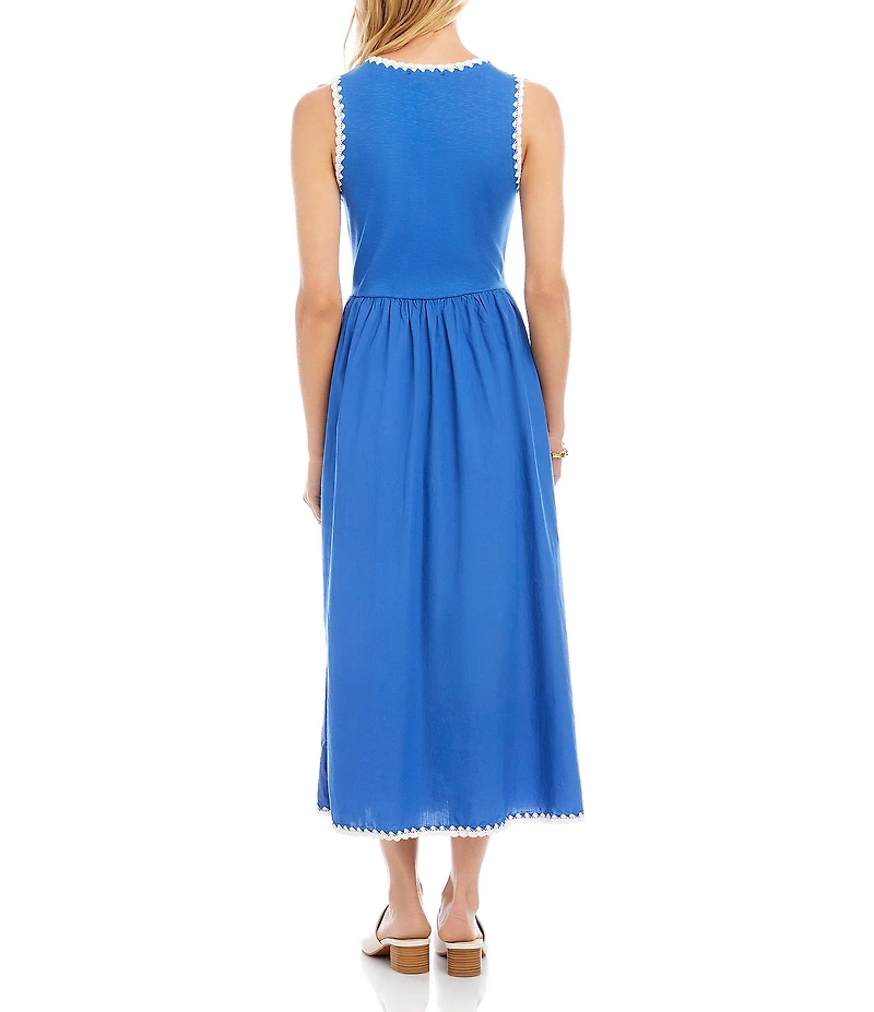 Karen Kane Cotton Knit Interlock Contrast Edge Stitch Scoop Neck Sleeveless A-Line Midi Dress