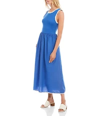 Karen Kane Cotton Knit Interlock Contrast Edge Stitch Scoop Neck Sleeveless A-Line Midi Dress