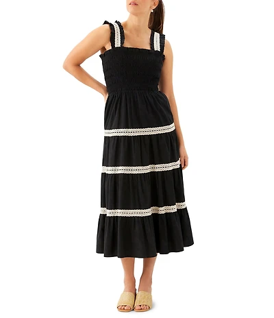 Karen Kane Cotton Lawn Contrast Lace Trim Square Neck Sleeveless Smocked Bodice A-Line Midi Dress