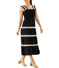 Karen Kane Cotton Lawn Contrast Lace Trim Square Neck Sleeveless Smocked Bodice A-Line Midi Dress