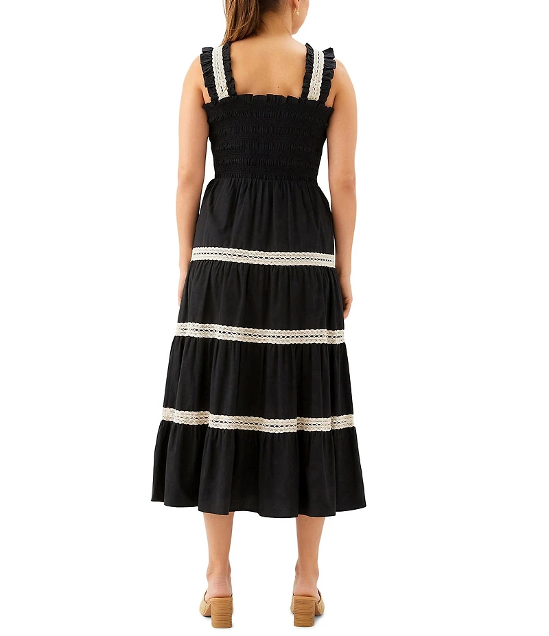 Karen Kane Cotton Lawn Contrast Lace Trim Square Neck Sleeveless Smocked Bodice A-Line Midi Dress
