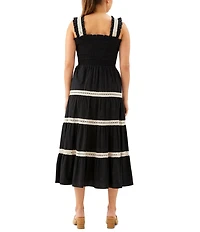 Karen Kane Cotton Lawn Contrast Lace Trim Square Neck Sleeveless Smocked Bodice A-Line Midi Dress
