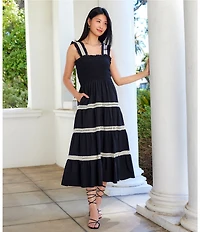 Karen Kane Cotton Lawn Contrast Lace Trim Square Neck Sleeveless Smocked Bodice A-Line Midi Dress