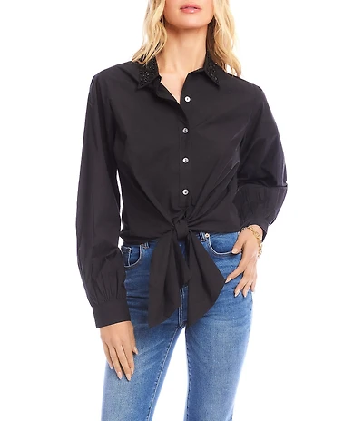 Karen Kane Cotton Long Sleeve Embellished Collar Tie-Front Top