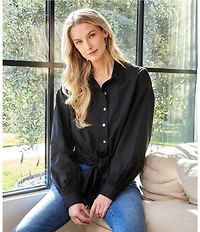 Karen Kane Cotton Long Sleeve Embellished Collar Tie-Front Top