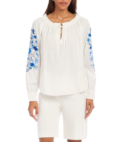 Karen Kane Cotton Poplin Accent Embroidered Tie Front Long Blouson Sleeve Peasant Top