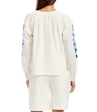 Karen Kane Cotton Poplin Accent Embroidered Tie Front Long Blouson Sleeve Peasant Top