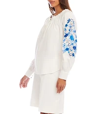 Karen Kane Cotton Poplin Accent Embroidered Tie Front Long Blouson Sleeve Peasant Top
